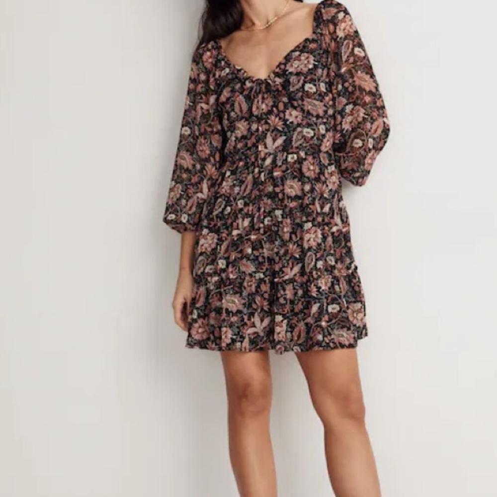 Madewell Black Floral Amalia Tiered Mini Dress in Pampas Blossoms